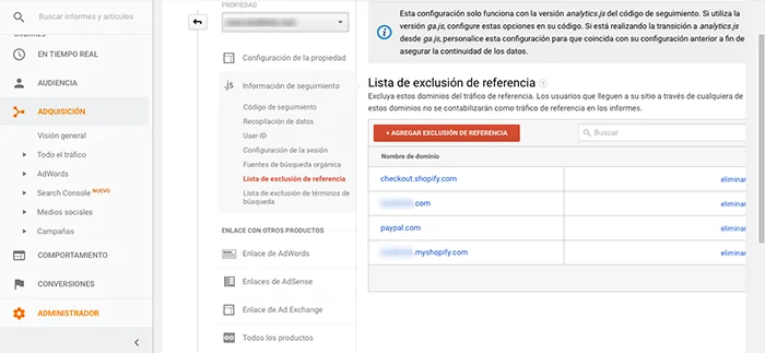 lista exclusión referencias google analytics