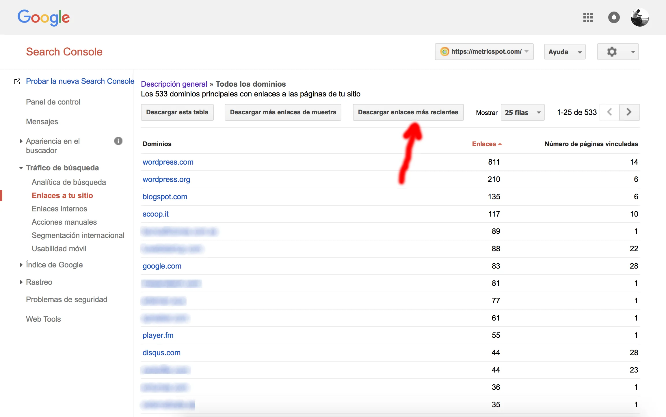 detalle enlaces entrantes google search console